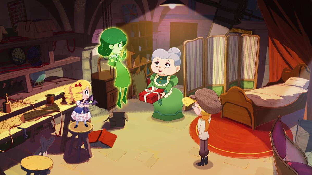 Dans la cave réaménagée, on découvre Lison tenant dans ses mains, Mimi la chauve-souris, Abigail, Mme Finelouche tenant un paquet dans ses main et Sacré-Cœur